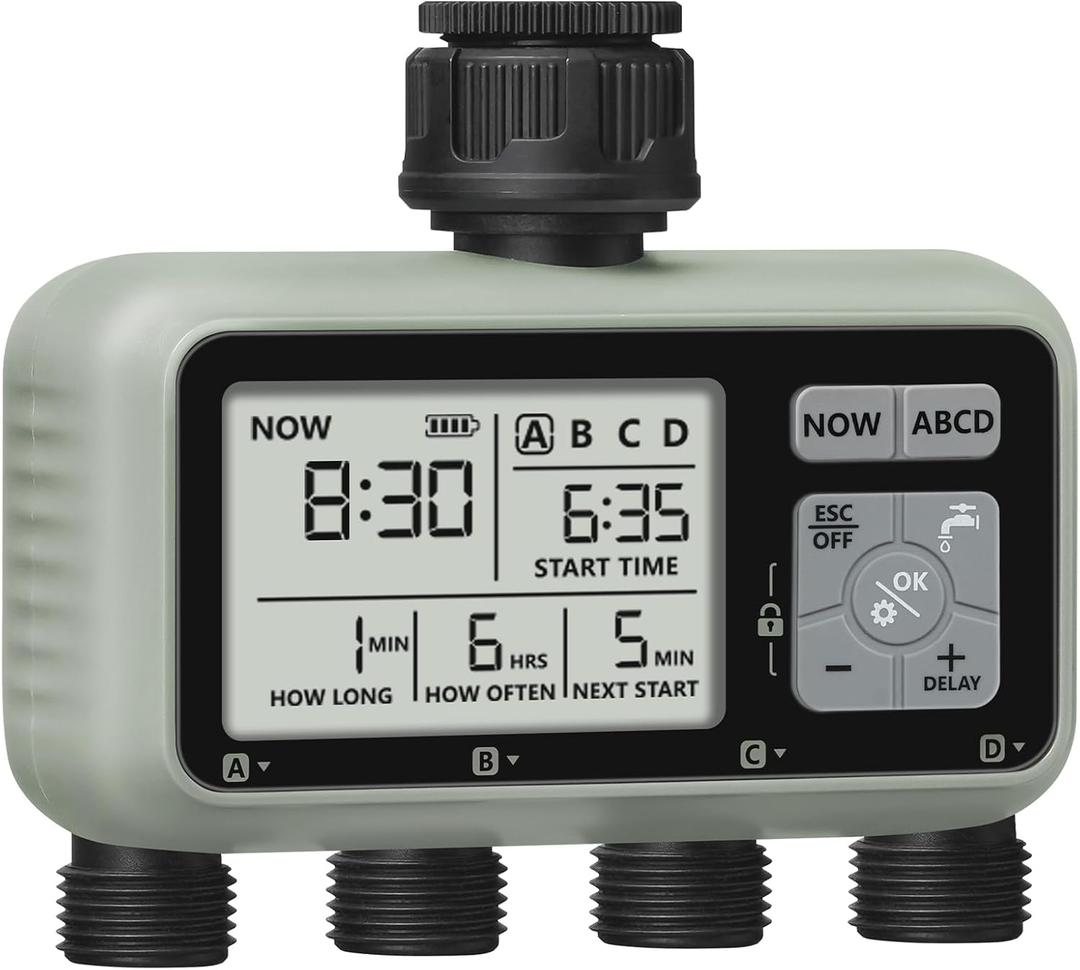 4 Zone Sprinkler Timer, Garden Hose Timer, Automatic Irrigation System, Programmable Faucet, 4 Outlets, with Rain Delay, Manual Mode,Child Lock, for Yard, Garden, Lawn Greenish Gray D14WT06