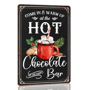 Come in and Warm up at the Hot Chocolate Bar Metal Tin Sign Christmas Sign Vintage Retro Poster for Kitchen Cafe Bar Home Christmas Wall Decor Art Winter Farmhouse Decorative 8x12 Inch