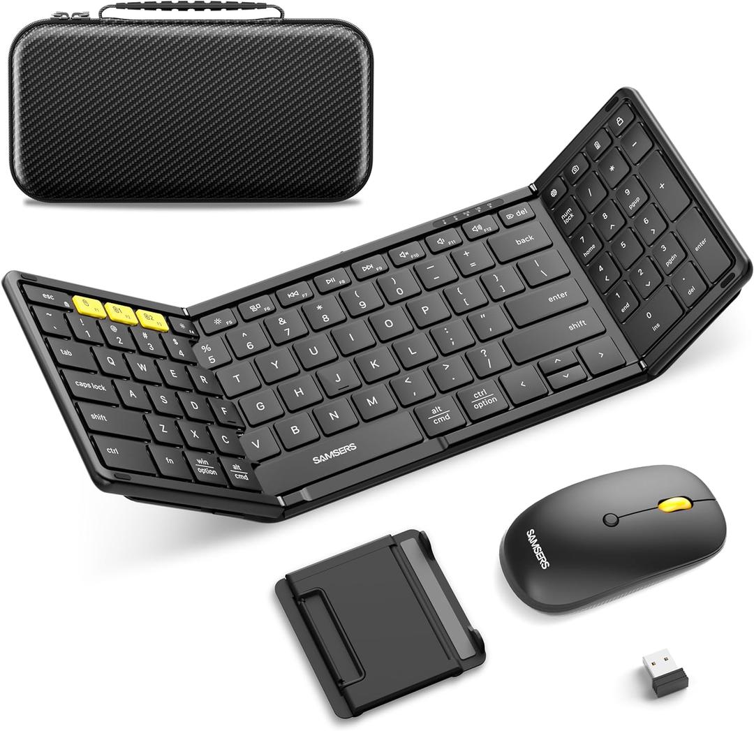 Foldable Keyboard and Mouse, Samsers Folding Bluetooth Keyboard Combo, 2.4G + BT5.0 x 2, Full-Size Portable Travel Keyboard & USB-C Rechargeable Wireless Mouse for iOS Android Windows Mac OS,Elegant Black