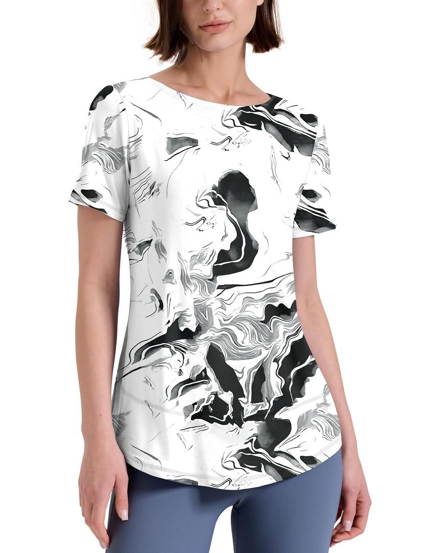 Kistore Workout Tops for Women Short Sleeve Lightweight Training Yoga Shirts Athletic Tees Black White Ink Printed S (S)