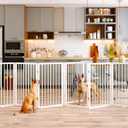 Vantas Folding No-Assembly Metal Pet Gate 120" Wide, 32" Extra Tall Dog Gate with Door Walk Through, Freestanding Accordion Puppy Gate Dog Door for Indoor & Outdoor, with 2PCS Support - White