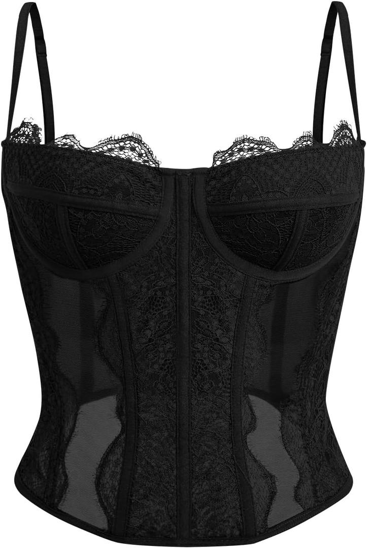 Dealmore Corset Tops For Women Going Out Lace Mesh Date Night Fall Fashion Outfits Clothes Crop Cute Party Strap Tank (X-Large, Black)