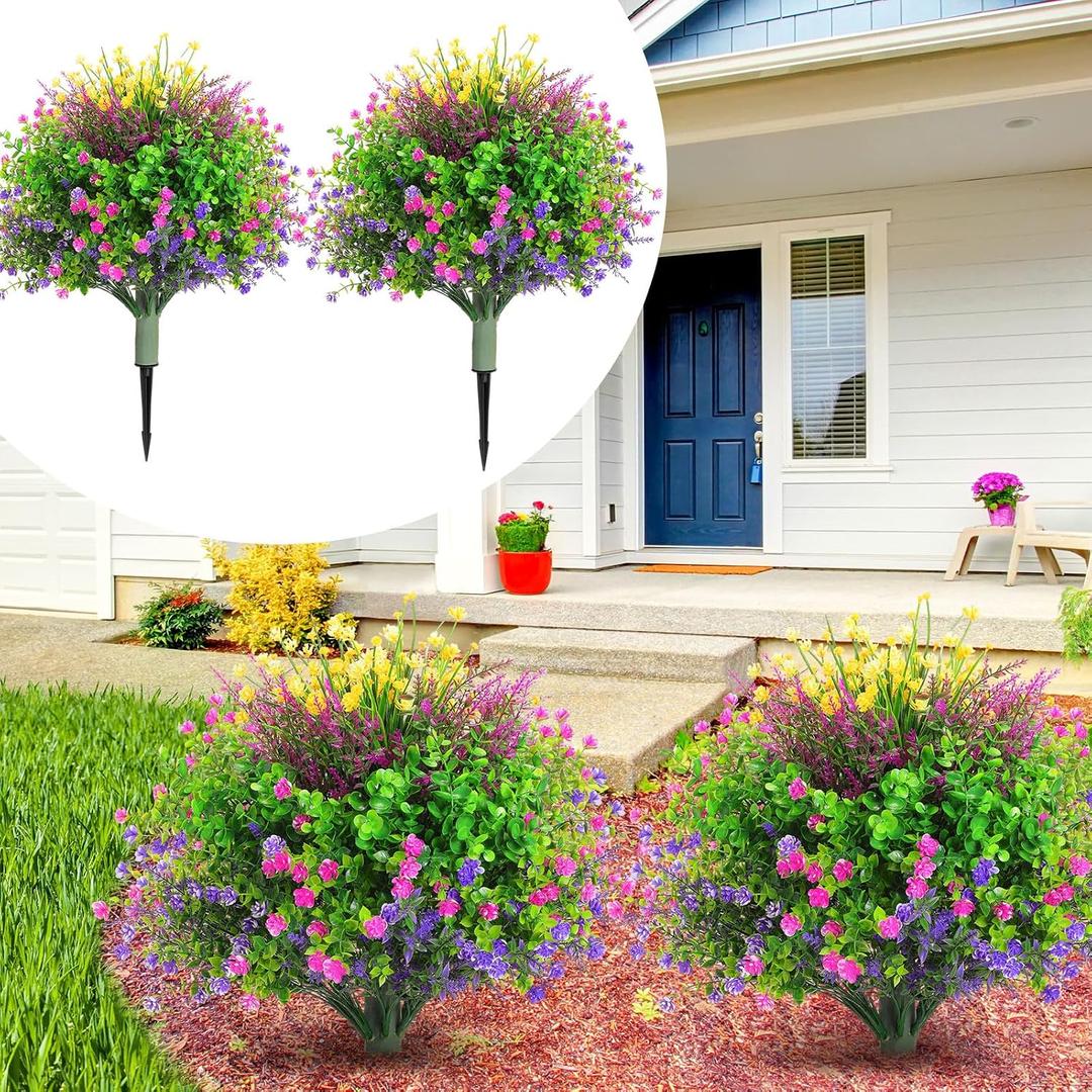 Yunlly 2 Pcs 24.8" Set of 2 Artificial Faux Flower with Spikes UV Resistant Artificial Shrubs Faux Fake Bushes Plants for Garden Yard Front Porch Indoor Outdoor Decoration (Summer)