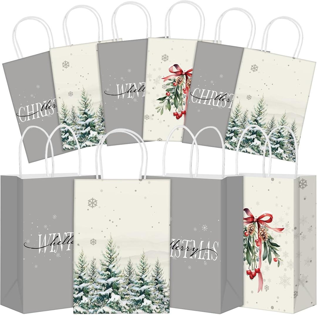 Kolldenn 24 Christmas Paper Gift Bags Bulk with Handles Wrapping Small Christmas Goodie Bags for Adult Xmas Theme Party Favor Birthday Supplies Goody Bundle(Mistletoe Holly Scalloped,Gray)