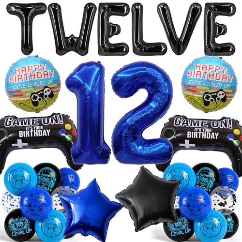 Video Game Birthday Decorations Balloons - Blue Gaming 12th Decoration Set with Controller Giant Number Foil Balloon, Level Up Theme Party Supplies for Gamer 12 Year Old Boys