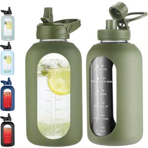 64 oz Glass Water Bottle With Straw and Handle, Half Gallon Sports Motivational Water Jug Flask with Silicone Sleeve, Large Water Cup with Time Marker for Travel, Gym, Army Green