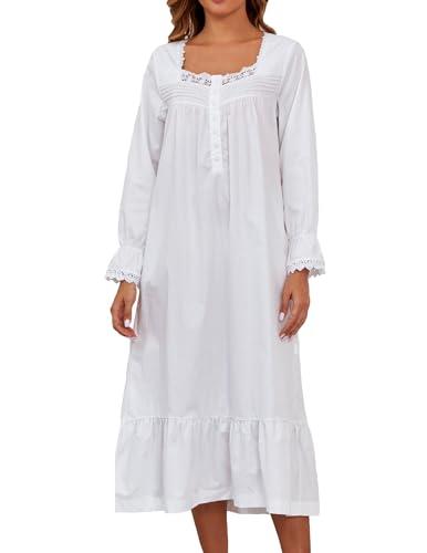 Viakeo 100% Cotton Nightgowns For Women Victorian Night Gown Long Sleeve House Dress With Pockets, Large, White