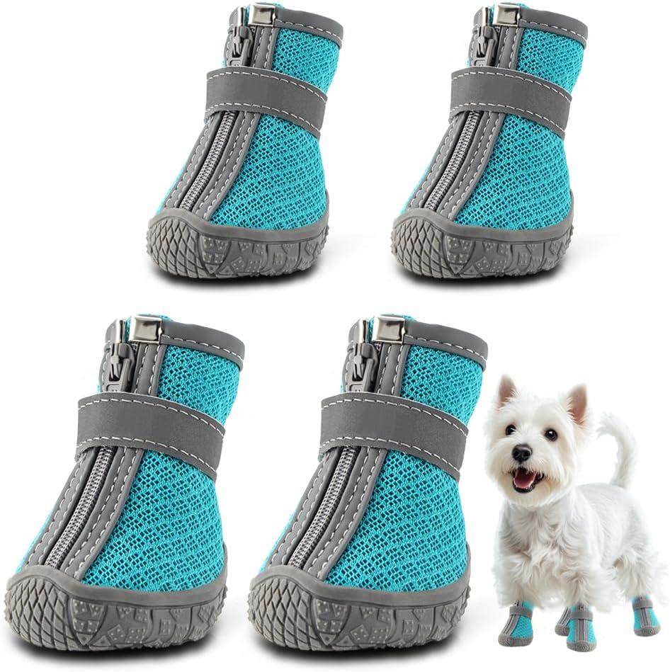 Dog Shoes for Small Dogs, Breathable Dog Boots Paw Protector for Hot Pavement Winter Snow, Dog Booties with Reflective Strips Rugged Anti-Slip Sole for Hardwood Floors Outdoor Walking Blue, Size 1