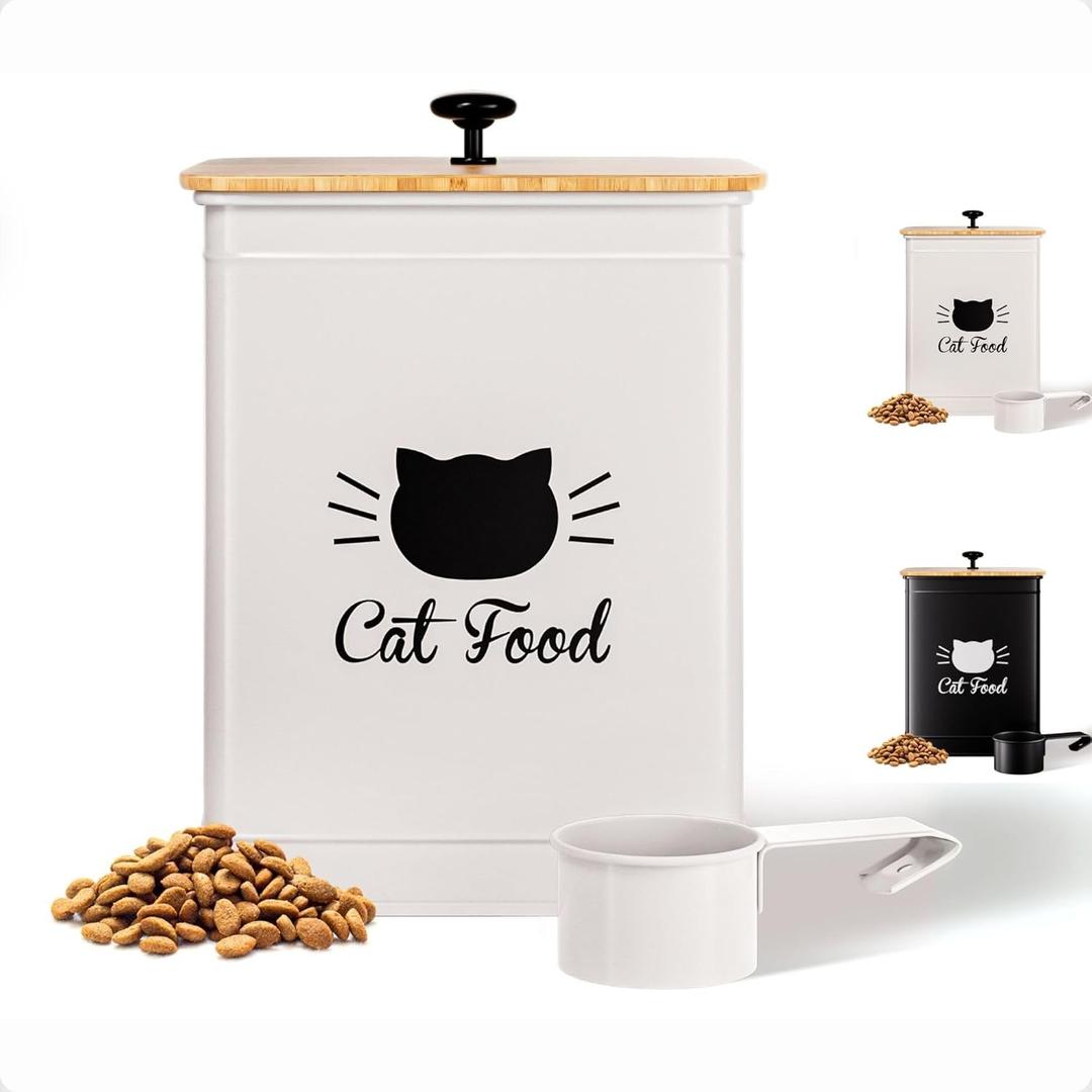 Cat Food Storage Container with Scoop - 5-7 lb (25 Cup) Capacity Metal Cat Food Container with Airtight Bamboo Lid and Metal Scoop - Airtight Pet Food Storage Containers 5 lb - 7 lb Kibble Container (White)