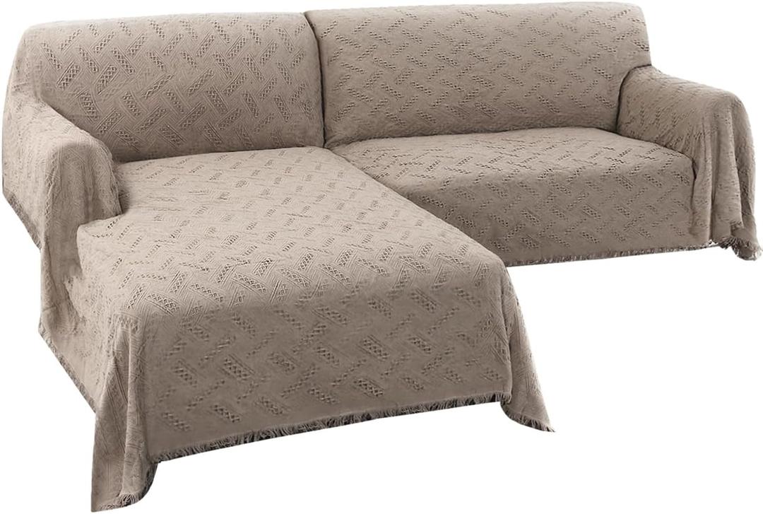 Turquoize Sectional Couch Covers L Shape Couch Cover Sectional Sofa Cover Washable 2 Pieces Couch Covers for Sectional Sofa Feature Geometrical Woven Jacquard Fabric (Chaise/2 Seats, Sand)