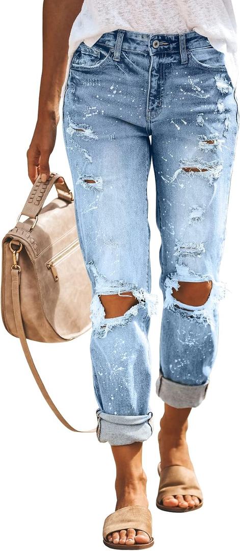 KUNMI Women's Ripped Mid Waisted Boyfriend Jeans Loose Fit Distressed Stretchy Denim Pants (Blue, XS) 1009-blue 