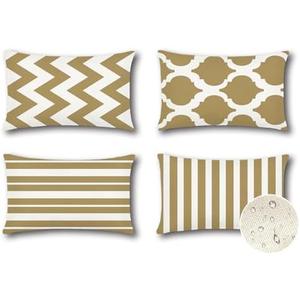OTOSTAR Set of 4 Waterproof Throw Pillow Covers 16x24 Inch Farmhouse Geometric Square Pillow Cases for Couch Patio Furniture Balcony Garden Outdoor Decoration（Geometry70-Khaki）Pack of 2
