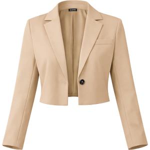 ELLEVEN Womens Cropped Blazer Business Casual Open Front Long Sleeve One Button Jacket (X-Small, Khaki)