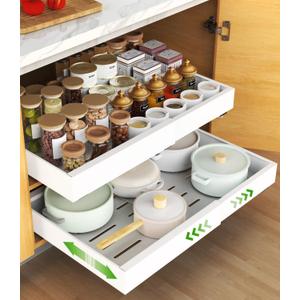 Pull out Cabinet Organizer, Expandable(12.2"-20.5") Heavy Duty Slide Out Drawers, Fixed with Adhesive Nano Film or Screw, Roll out Shelf Storage for Kitchen Base Cabinet Organization(16.5''Deep)