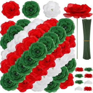 108pcs Roses Head Flowers with Stem - Red & Green White Italian Artificial Flowers Rose Bulk - Silk Rose Fake Flower for Mexico Italy Bridal Wedding Bouquet Baby Shower Centerpieces Christmas Decor