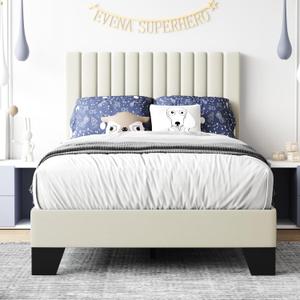 Twin Bed Frame, Velvet Upholstered Platform Bed Frame with Adjustable Headboard, Vertical Quilted Design, Sturdy Slatted Mattress Base, Easy to Assemble, White