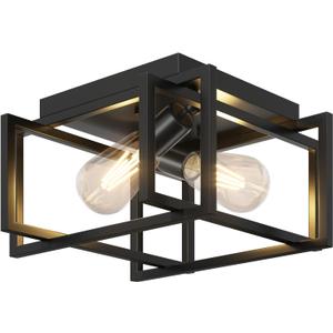 2-Light Flush Mount Ceiling Light Fixture, Industrial Black Metal Ceiling Light, Modern Rectangle Close to Ceiling Light for Hallway, Kitchen, Entryway