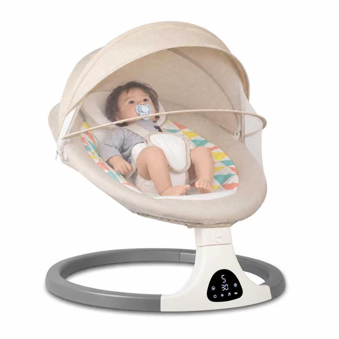 JFOVMCYG Electric Baby Swing for Infants 0-9 Months, Portable Infant Swing with 5 Speeds, Bluetooth Audio, Remote Control, USB Power Cable & Adapter Included, Lvory White, Up to 20 lbs