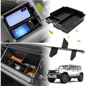 Sunsdrew 2025 Upgraded Center Console Organizer for 2025 2026 Ford Bronco 4-Door Accessories,2PCS Bronco Armrest Storage Box&Glove Box Organizer Slide smoothly Black(Not for 2-Door&Bronco Sport)