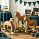 Vicenpal 3 Pack Baby Shower Wooden Vintage Rocking Horse Table Decoration for Blue Green Tartan Plaids Party Centerpiece Rocking Horse Decor for Baby Shower Party Wedding Birthday Decor (Wood-colored)