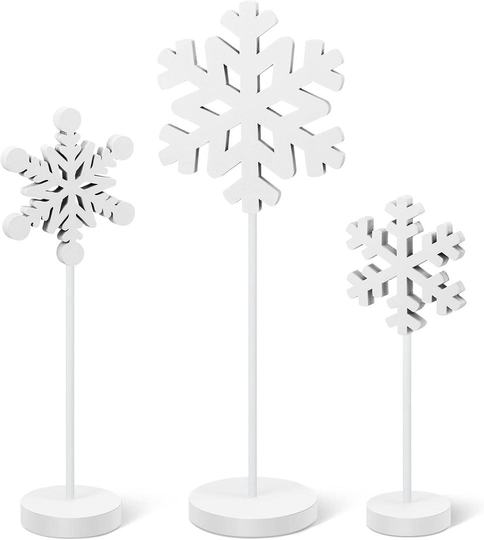BBTO 3 Pcs Christmas Snowflake Table Decorations Tall Standing Snowflake Wood Sign Block Winter Wooden Xmas Standing Table Sign Christmas Fireplace Decoration for Xmas Party