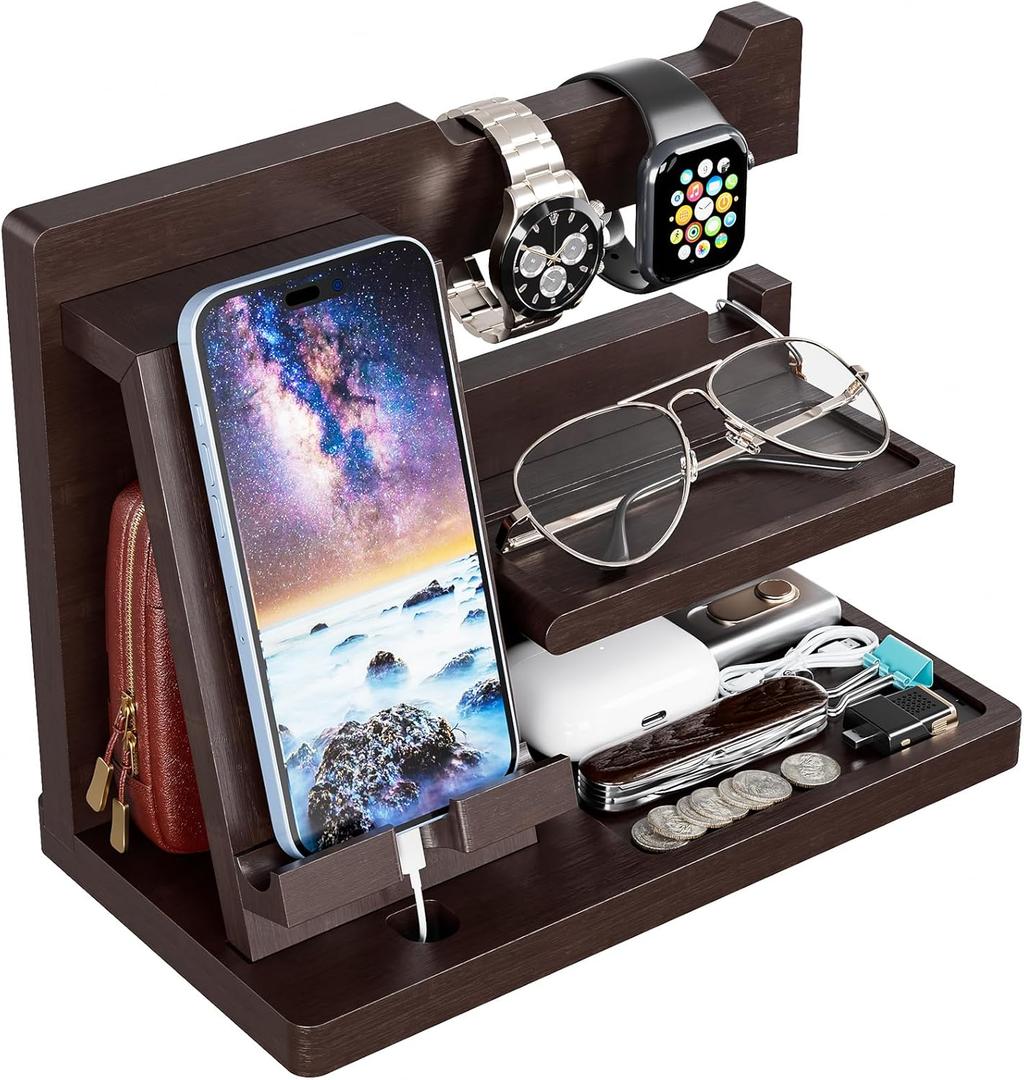 Yirilan Wood Phone Docking Station, Nightstand Organizer for Father Man, Birthday Gifts for Men/Dad/Boyfriend/Grandpa, Anniversary, Christmas, Graduation Travel Idea Gadgets-Brown
