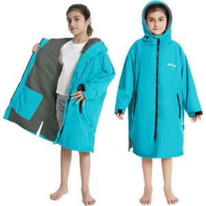 Hiturbo Warm Kids Swim Parka: Waterproof Changing Robe - Oversize Swimming Coat - Hooded Surf Poncho - Thick Lining (7-14Y) (Teal)