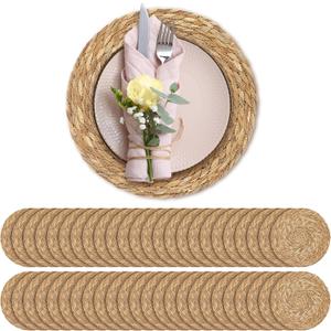 Aneco 48 Pack 12-Inch Round Woven Placemats Natural Hand-Woven Boho Rattan Wicker Bulrush Placemat Farmhouse Rustic Braided Table Mats for Dining & Kitchen Decor