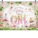 Mocsicka Fairy 1st Birthday Backdrop 7x5ft Princess Girl Happy First Mushroom Fairy Birthday Background Little Flowers Fairy Tale Wonderland Birthday Party Decoration Banner (Pink)