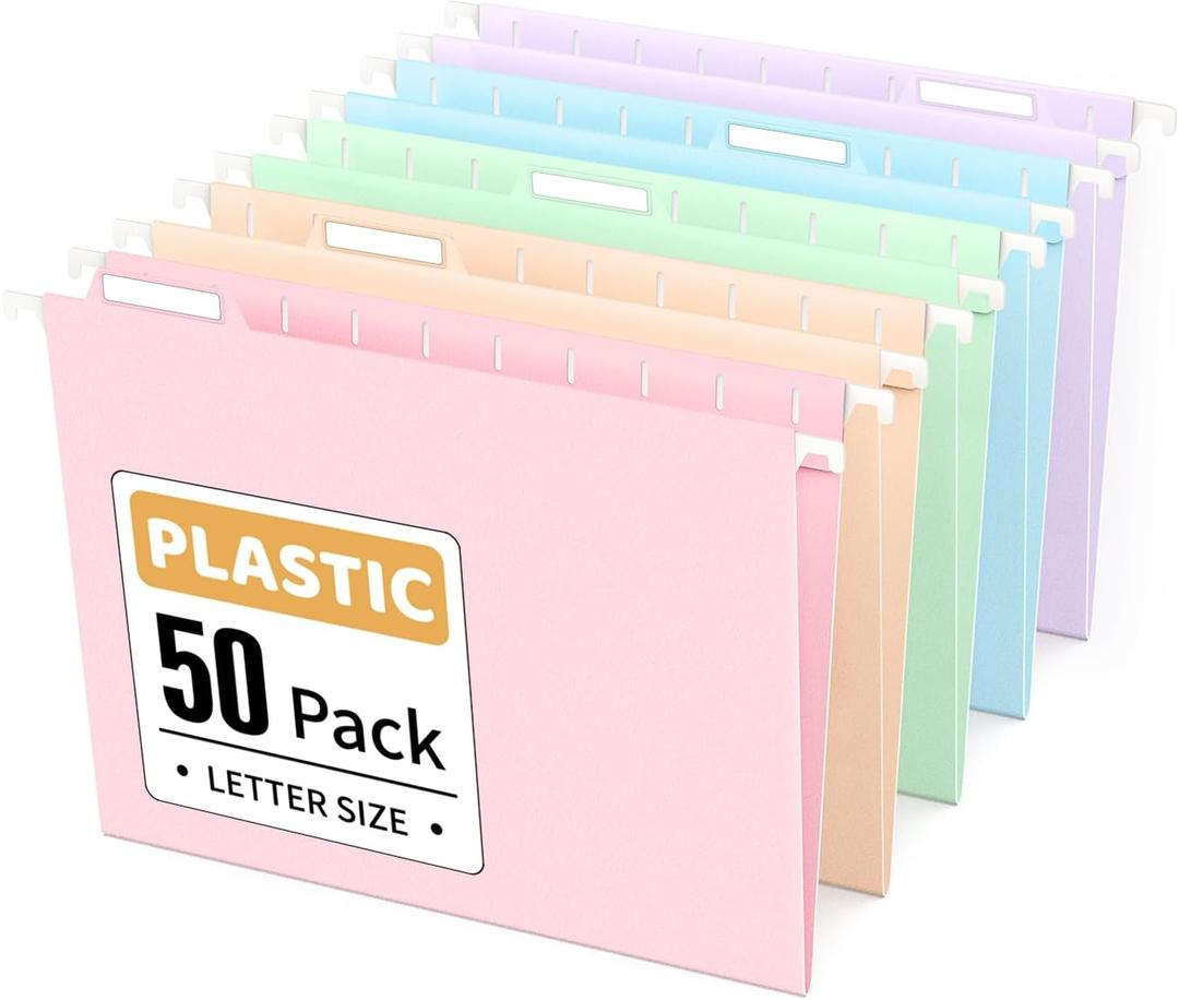 Sooez Tear-Resistant Plastic Hanging File Folders Letter Size, 50 Count File Organizer Suitable for File Cabinet Filing Cabinets, 1/5-cut Adjustable Tabs for Office, School, Pastels Colors, Pink