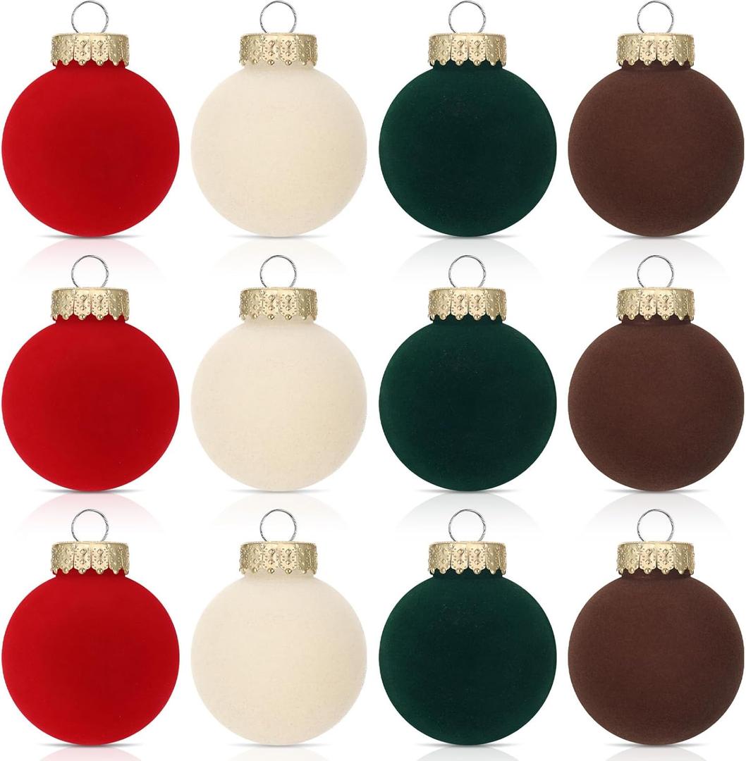 12 Pcs Velvet Christmas Balls Bulk 2.4 inch Flocked Christmas Tree Ball Xmas Plastic Decorative Hanging Ornaments Set for Xmas Tree Holiday Party Decorations (White, Green, Red, Beige)