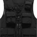 Flygo Men's Casual Lightweight Outdoor Fishing Work Safari Travel Photo Cargo Vest Jacket Multi Pockets (Medium, Black)