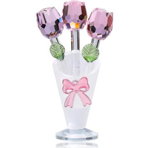 Pink Rose Flower Crystal Figurine with Stems Collectible Statue Triple Roses Flowers with Vases for Decor Mom Wife Girlfriend Gift