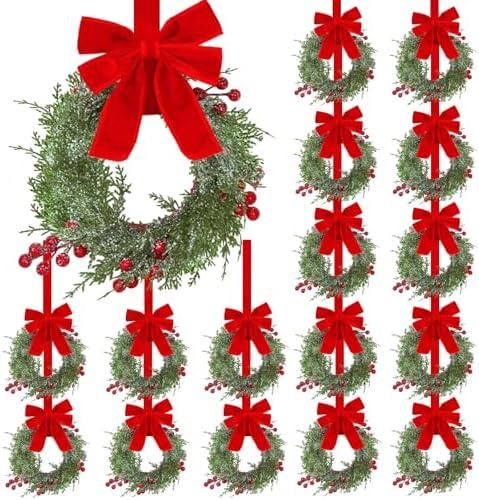 12 Pcs Small Christmas Wreaths Real Touch 9.8 Inch Mini Kitchen Cabinet Wreaths with Bow Ribbon, Artificial Cedar Greenery & Berries for Xmas Front Door Window Fireplace Farmhouse Holiday Decoration