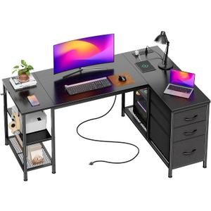 PRAISUN 47.2'' L Shaped Office Desk with Power Outlets and 3 Drawers | Corner Computer Desk with 3-Level Height Wooden Shelf, Mesh Shelves, 2 Hooks, Reversible Gaming Work Desk with Storage, Black