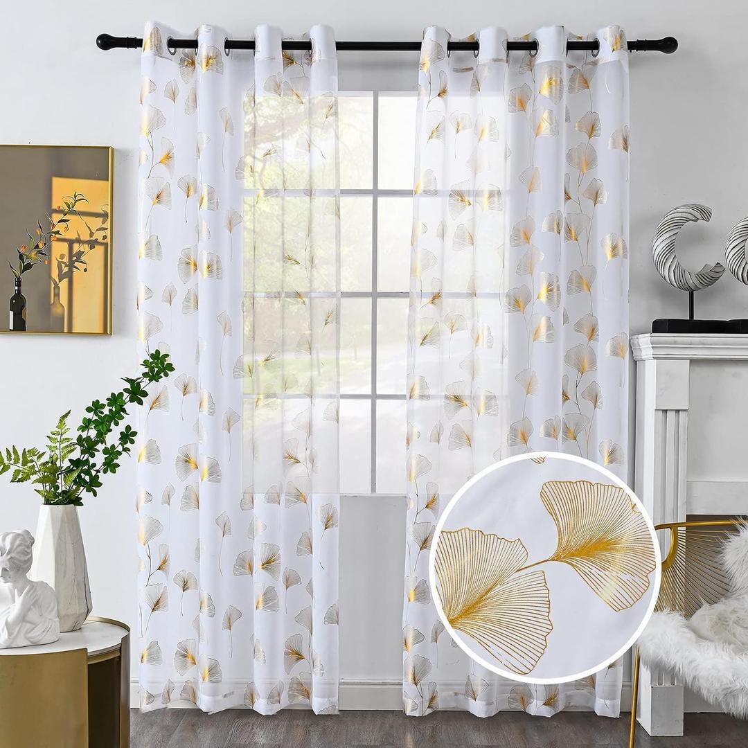 Gold Foil Print Voile Sheer Curtains, Leaves Grommet Top Window Drapes 90 Inches Long, Luxury Metallic Bronzing Treatment Panels for Home Window Decoration, 2 Panels