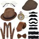 GIFIKOI 1920s Mens Costume Accessories Outfit Fedora Hat Vintage Roaring 20s Costumes Gangster Accessories for Gatsby Party (Brown)