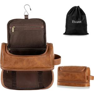 Elviros Toiletry Bag for Mens PU Leather Travel Organizer Kit with Hanging hook, Large Water-resistant Toiletries Bathroom Shaving Bags, Gift For Men (Brown) (Large (Pack of 1))