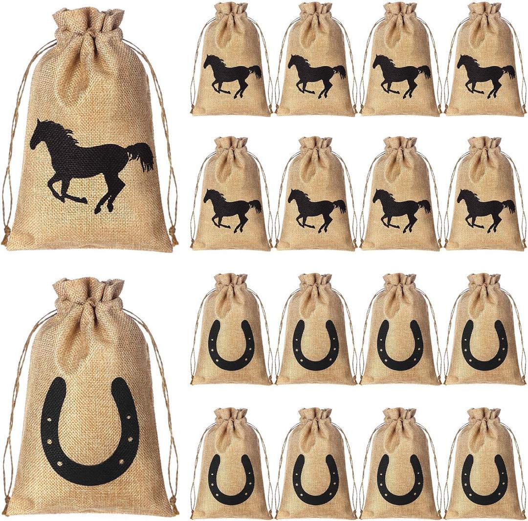 Vincreem 16 Pieces Western Horse Gift Bags Cowboy Party Favor Bags with Drawstring Reusable Treat Goodie Candy Sackpacks Horsehead and Horseshoe Pattern for Cowboy Birthday Party Favor (5x7 Inch)