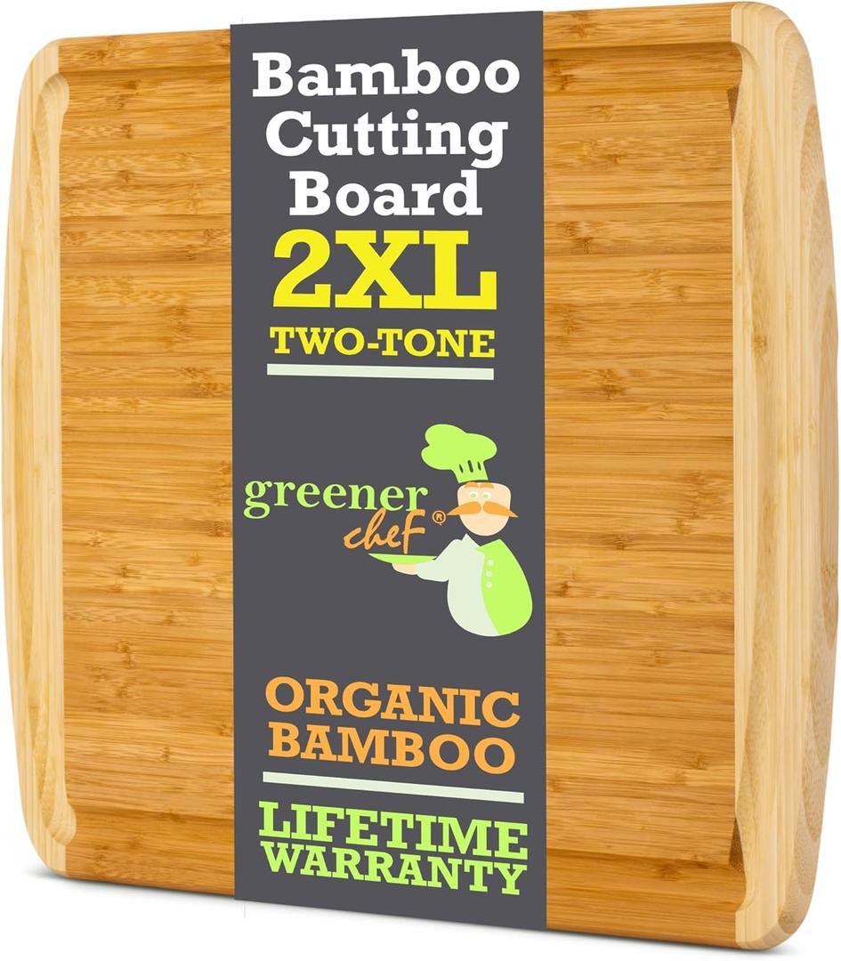GREENER CHEF 24 Inch Bamboo Cutting Board with Lifetime Replacement - 2XL Extra Large Wooden Butcher Block for Kitchen, Stove Top, Meat, Vegetables, and Charcuterie with Deep Juice Grooves (24"L x 18"W, Two-Tone)