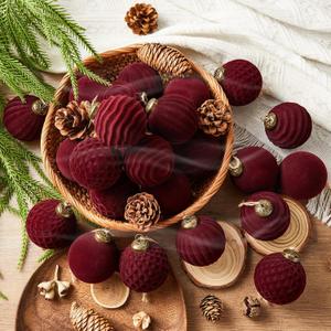 24 Pcs Light Scented Velvet Christmas Balls Bulk Winter Fir Scent Flocked Christmas Tree Ball Ornaments Hanging Baubles for Xmas Holiday Home Gift Yard Decor (Burgundy 2.36 Inch)