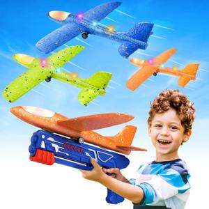 Fuwidvia 3 Pack Airplane Launcher Toys, 13.2'' LED Foam Glider Catapult Plane Toy for Boys, 2 Flight Modes Outdoor Flying Toys Birthday Gifts for Boys Girls 4 5 6 7 8 9 10 11 12 Year Old (Blue&green&orange)