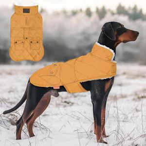 KYEESE Dog Coat Waterproof Dog Coats for Large Dogs Windproof Dogs Jacket with Fleece Lined Thick Pet Winter Puffer Coat with Pocket Soft Pet Sweater with Leash Hole Warm Pets Clothes for Cold Weather (08# Yellow) XXXL
