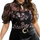 WDIRARA Women's Plus Size Mesh Patchwork Pearls Blouse Tie Neck Puff Short Sleeve Top 2XL