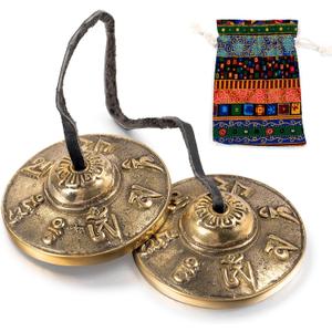 Boao Tibetan Bells Tingsha Cymbals Meditation Chime Bells with Tibetan Drawstring Cloth Bag, 6.3 cm Yoga Finger Meditation Chime for Percussion Instrument(Om Mane Padme Hum Symbols Embossed)
