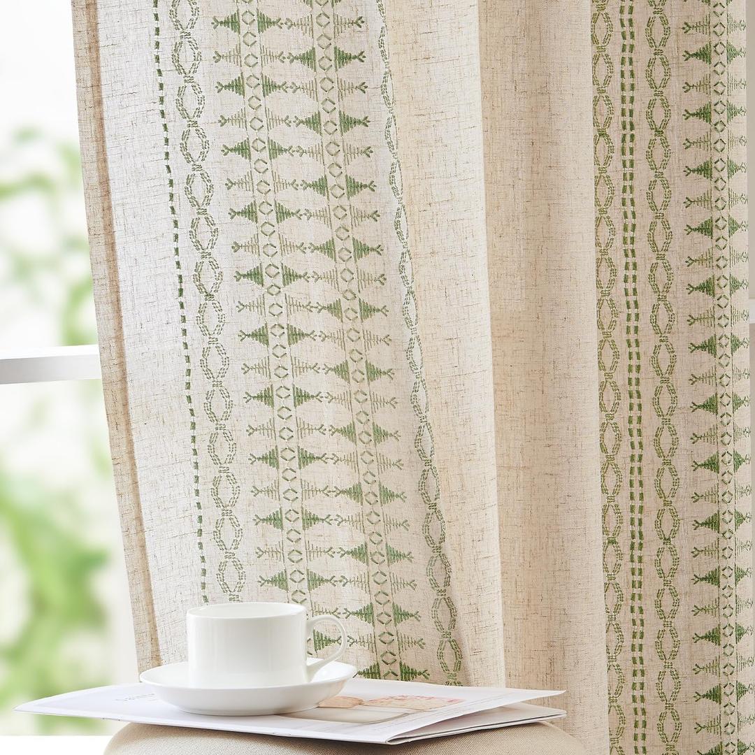 jinchan Boho Curtains for Bedroom Linen Blend Window Curtains 84 Inches Long 2 Panels Sage Green Farmhouse Embroidered Drapes for Living Room Bohemian Light Filtering Grommet Drapes Sage on Beige
