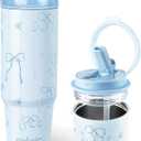 30 oz Bow Tumbler with Straw and Handle, Cute Water Bottles for Women Girls CupInsulated Travel Coffee Tumbler, Leak Proof Stainless Steel Coffee Mug, Aesthetic Coquette Bows Cups (Blue)