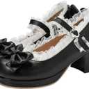 LUXMAX Women Kawaii Mid Block Heel Mary Jane Rockabilly Pumps with Bow Platform Chunky Heel Cute Sweet Shoes (7, Black)