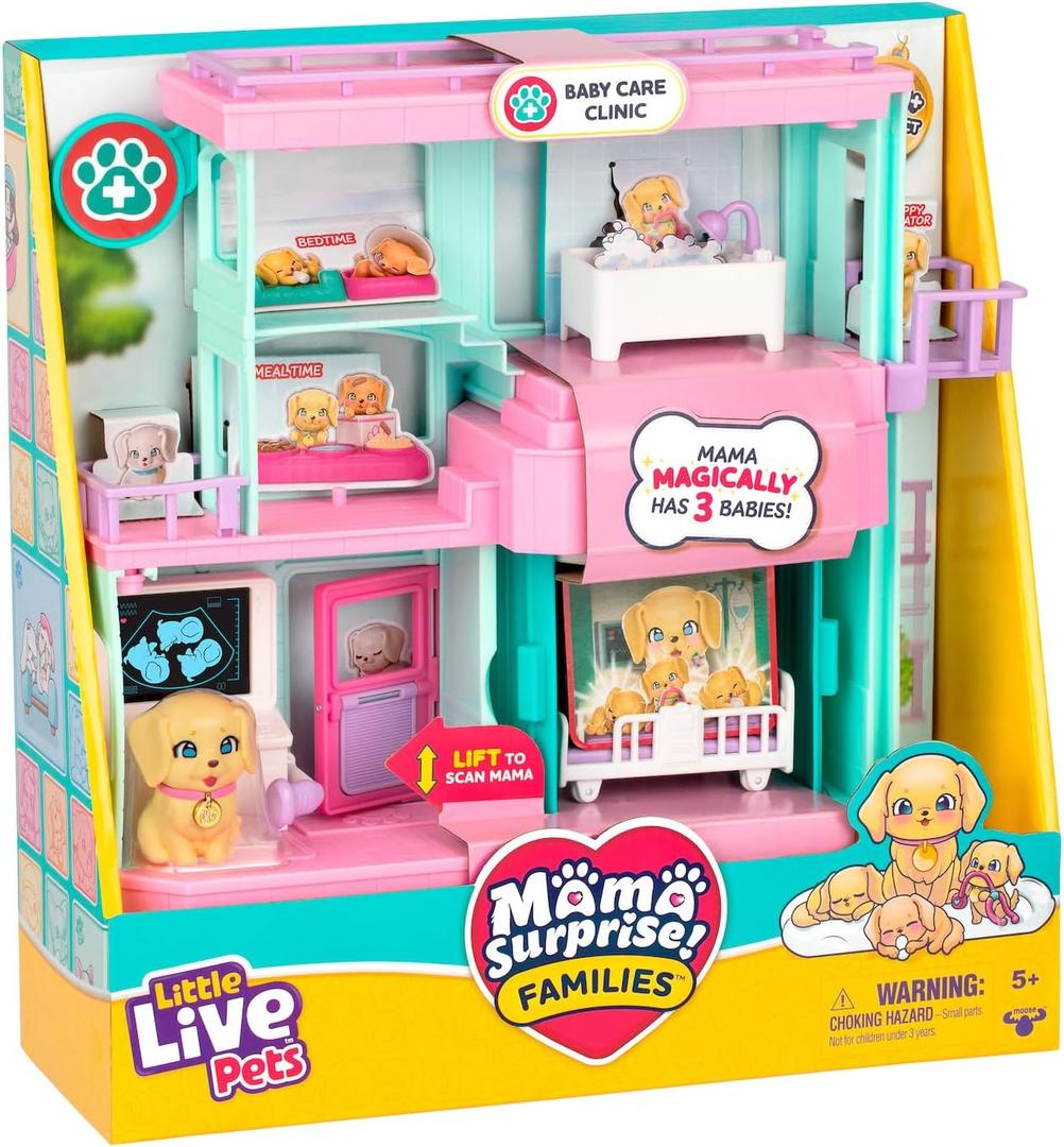 Little Live Pets Mama Surprise Families Pet Vet Playset, Baby Care Clinic Animal Hospital Play Set, 3 Puppies, Accessories, Vet Toy Gifts for Kids 5+