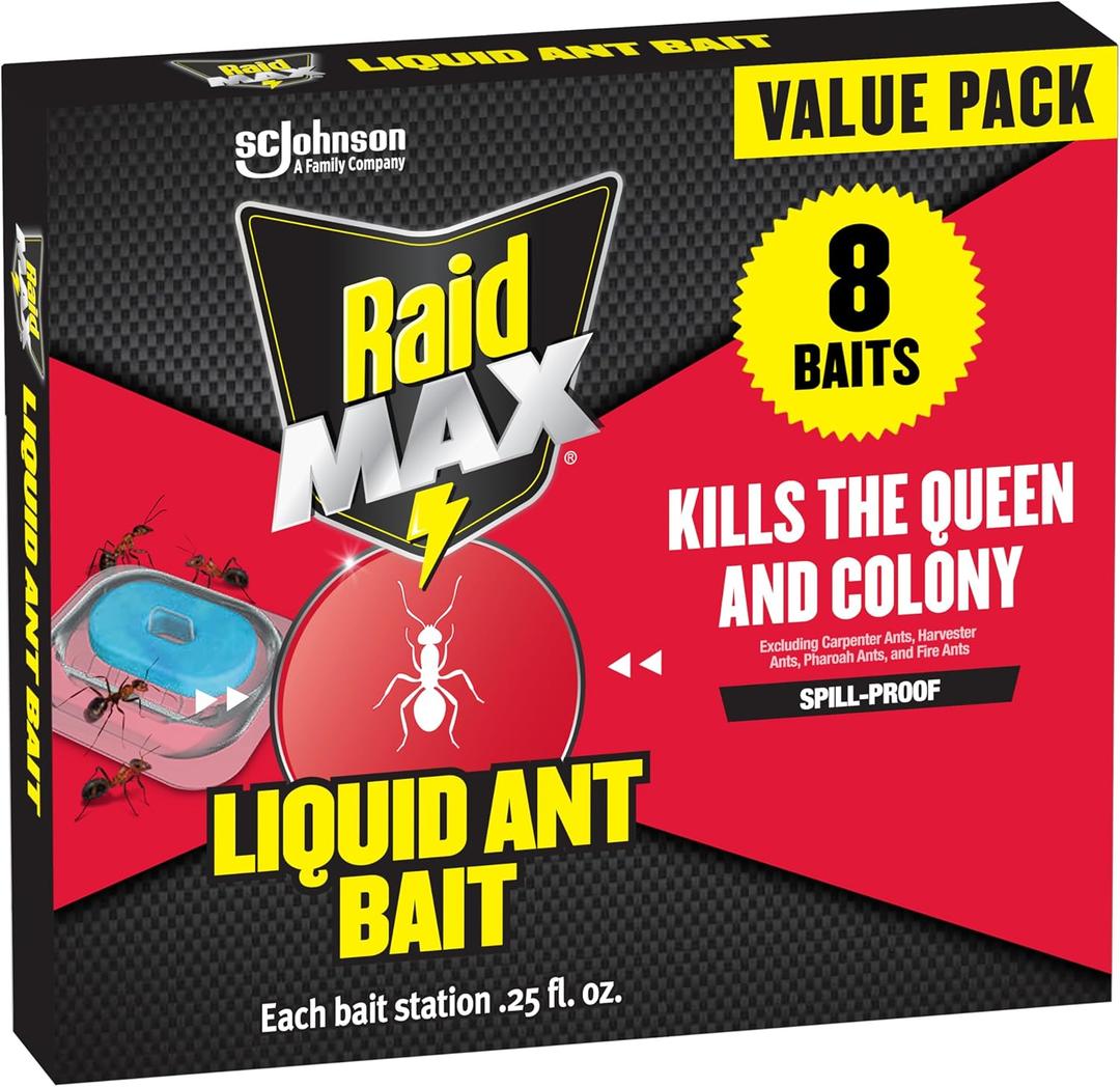 Raid Max Liquid Ant Bat; Kills Ants Where They Breed, For Indoor and Outdoor Use; 8 Bait Stations